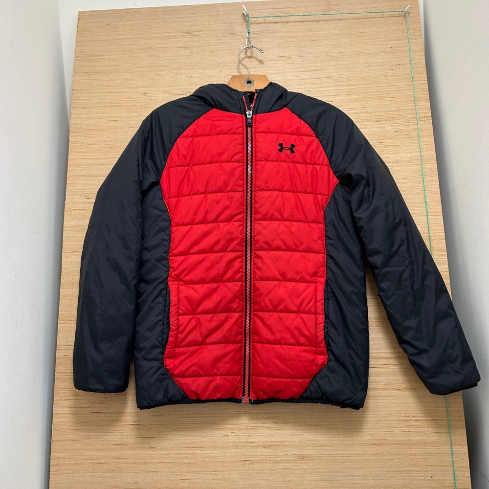 Under Armour Youth Large Red Black Hooded Puffer Jacket Full Zip Quilted Coat